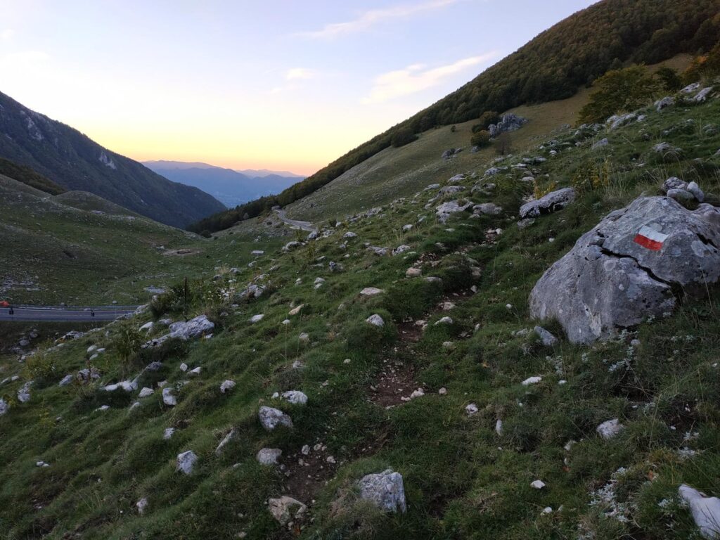 Pendio erboso con un segnavia rosso e bianco su una roccia, valle sullo sfondo